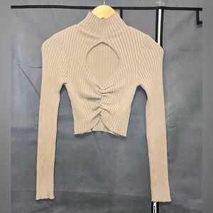 Zara Elegant Tan Mock Ribbed Cutout Top